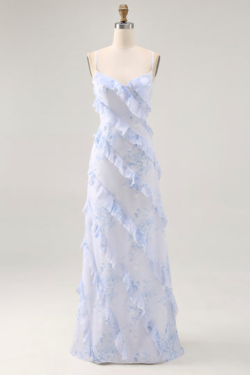 Blue Flower Spaghetti Straps Printed Wedding Guest Dress with Ruffles